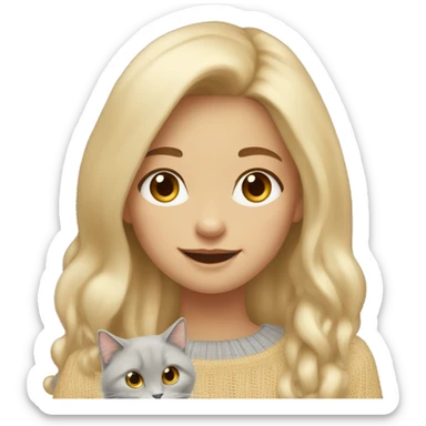 Girl with colored blonde long hair wearing a beige sweater. She is wearing gold big earings. In her arms there is a grey ragdoll cat smiling.  sticker