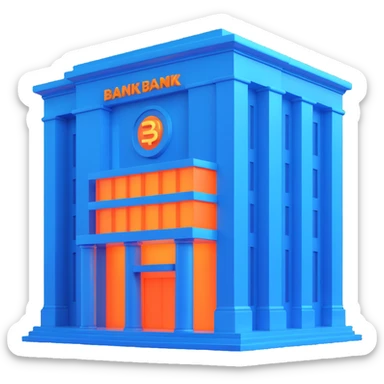 bank building emoji with a digital virtual twist, metallic facade, glowing blue accents, futuristic look sticker
