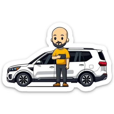 bald man with beard standing next to a Kia Mohave SUV sticker