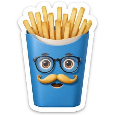 long slim crispy fries in a blue carton, carton has eyes and mustache and glassess sticker