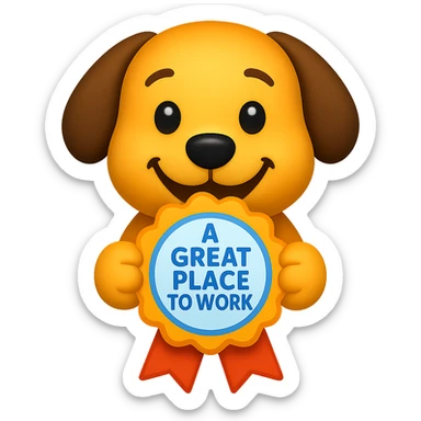 emoji style dog holding a ribbon with the text 'a great place to work' written in blue sticker