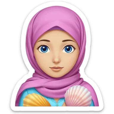 Turkish beautiful finish Konya girl blue eyes with pink yellow Lila summer hijab islamic dress and had on her hijab shells sticker