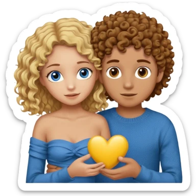 a girl with brown hair and brown eyes and a  boy with blonde kinda curly hair with blue eyes doing something romantic he’s wearing a brown knit jumper and girl is wearing a yellow bandeau top  sticker