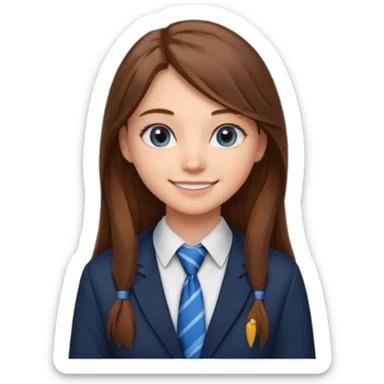 high school class room with a pretty female high school student with long brown hair, blue eyes, wearing a tie, sitting in front of the blackboard sticker
