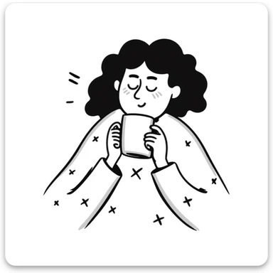 White girl with curly brunette hair snuggled in a blanket sipping coffee with eyes closed, feeling warm and content sticker