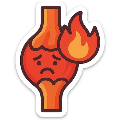 cartoon icon of an inflamed muscle or joint with a fire symbol, sad face, orange-red color palette, medical cartoon style sticker