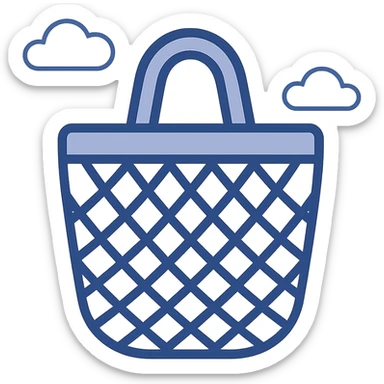 clean blue mesh tote bag emoji icon, flat design, minimal, soft blue, small handle, netting look, optimized for small size clarity sticker