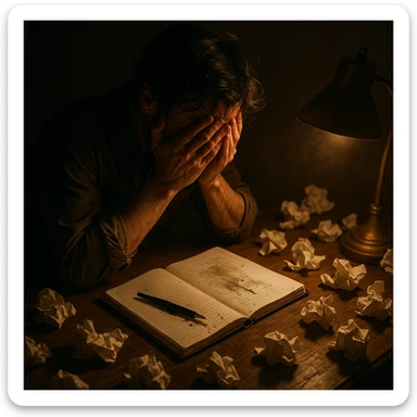 A writer at a wooden desk, head in hands, crying over a notebook. Warm lamp casts dramatic shadows. Crumpled papers everywhere. Emotional, cinematic mood, ink smudged by tears. sticker