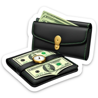 black wallet with green dollar bills visible inside and a small clock in top right corner positioned over the wallet sticker
