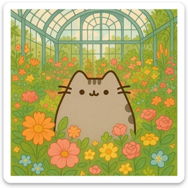 pusheen cat surrounded by flowers in a botanical garden greenhouse sticker