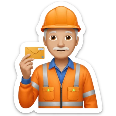 older engineer hi-vis orange overalls full body holding a card sticker
