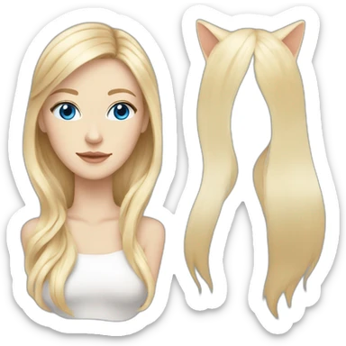 White woman with long blonde hair, blue eyes, white cat with brown eye, blue eye sticker