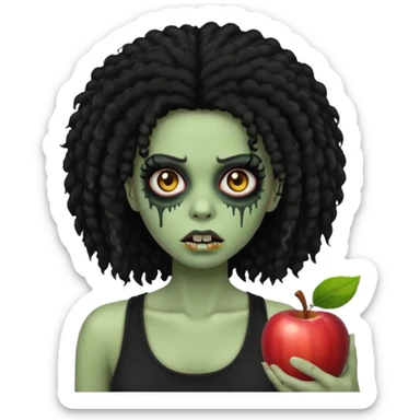 a female zombie with sage green skin, black long afro hair, eyelashes and a black tank top in apple emoji style sticker