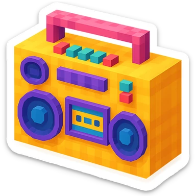 retro boombox with detailed buttons, cassette player, and large speakers sticker