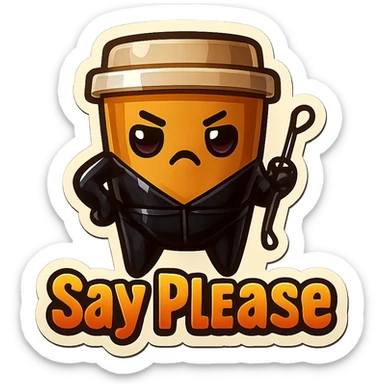 Tall coffee cup, dressed in leather holding a whipping crop, eyebrow furrowed, "big "Say Please" sticker