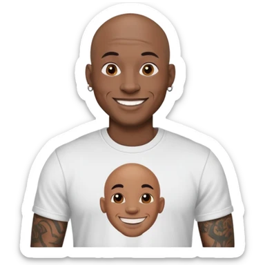 bald black man with full face tattoos, smiling, wearing a t-shirt sticker