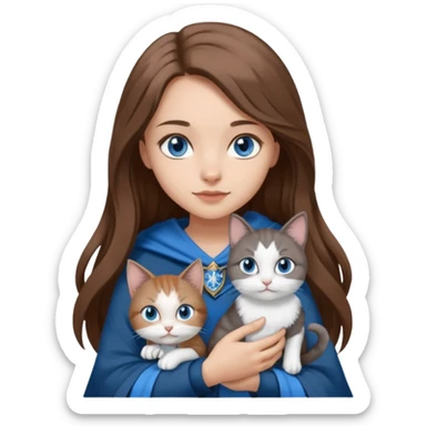 gorgeous Girl with light skin, blue eyes, long brown hair, wears a ravenclaw outfit, with a grey and white cat holding in her arms sticker