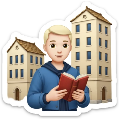 a man in clan clothes reads a book and twists a building in his hand  sticker