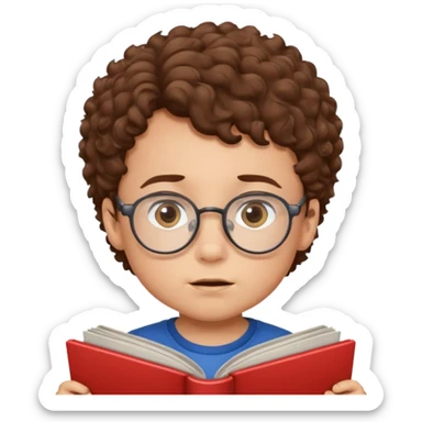 little boy with brown curly hair, wearing glasses, reading comic book sticker