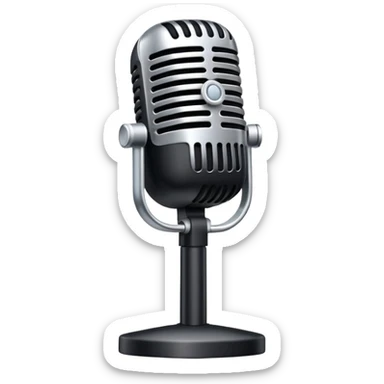An emoji of a classic microphone. A sleek, metallic design with a black grille on top, slightly angled as if ready for speaking or singing. Simple, modern, and professional look sticker
