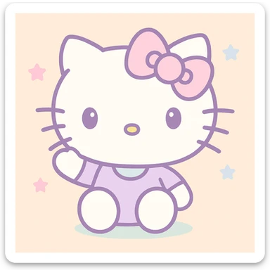 Make Hello Kitty wave, pastel kawaii style, soft colors, white cat with pink bow, minimal background sticker