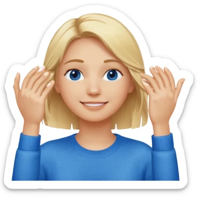 Girl massaging her head with blonde wet hair with anti-dark circles patches in her eyes dressed in a blue sweater with a smile sticker