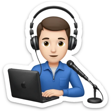 Man with headphones and microphone with computer. Operator sticker