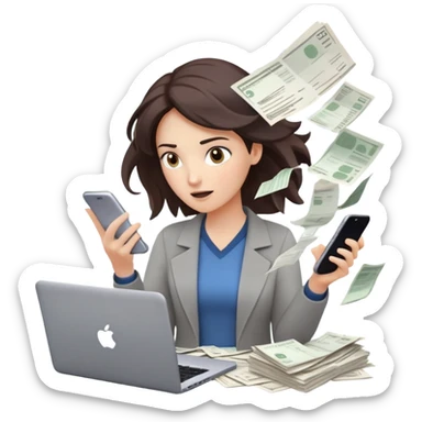 woman holding a phone in one hand, laptop open in front, storm of receipts, invoices, and reminders swirling around, multitasking chaos sticker