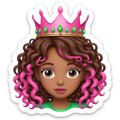 Brown girl diva long curly brown hair with pink and green crown sticker