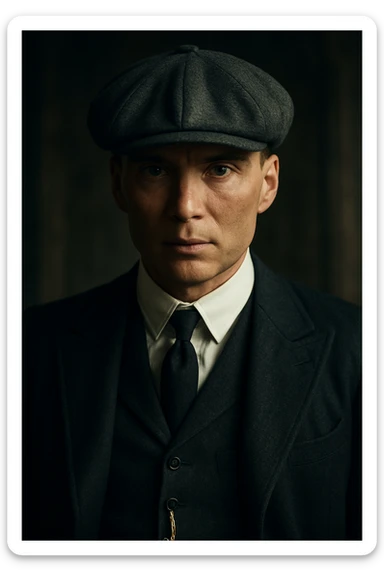 Thomas Shelby, Peaky Blinders character, sharp suit, flat cap, intense gaze, cinematic lighting sticker