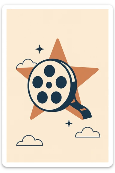 film reel floating in space with a warm copper-colored star behind it, minimal, flat design, copper and dark blue palette sticker