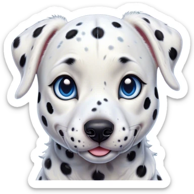 Cinematic Cute Harlequin Dalmatian Portrait Emoji, Head tilted playfully and inquisitively, featuring a glossy Fur of predominantly white with dynamic black patches, round, sparkling blue eyes filled with gentle curiosity, Simplified yet irresistibly adorable features, highly detailed, glowing with a warm, friendly glow, high shine, affectionate and gentle, stylized with a touch of whimsy, bright and endearing, soft glowing outline, capturing the essence of a mischievous yet loving pup, so playful it feels like it could lumber out of the screen and into your arms! sticker