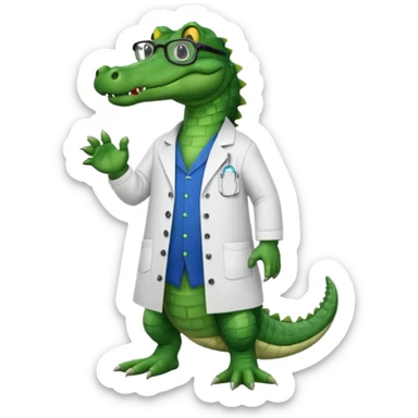 full body of alligator wearing lab coat and glasses, front view sticker