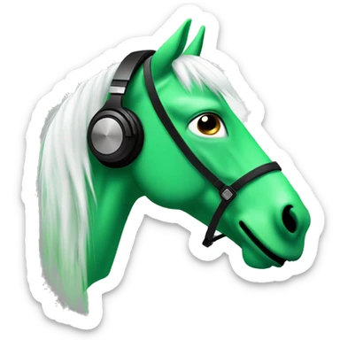 emoji of a green horse with white hair, and dj headphones on. it’s face is made of combination of laughing emoji and kissing emoji  sticker
