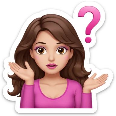 girl with long wavy brown hair, brown eyes, long lashes makeup, sexy pink lips, light to medium complexion, pink sexy top,, shrugging with both hands, confused, question mark sticker