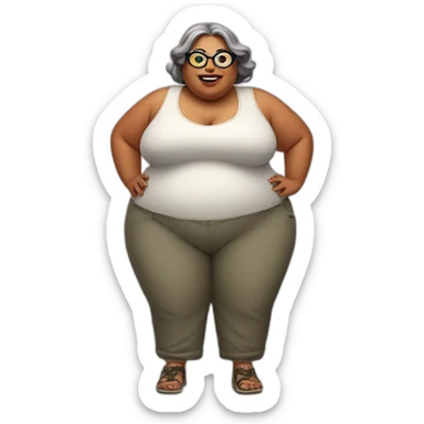 Fat woman with hearing aid and wide pants with snake glasses with big ears sticker