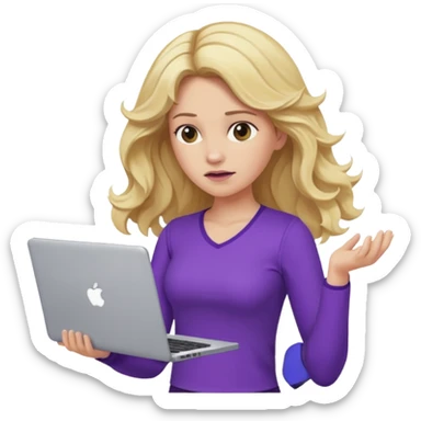 lady with long blonde wavy hair, purple top throwing her with a laptop looking defeated sticker