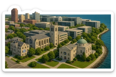cinematic realistic emoji of Evanston, Illinois panoramic cityscape with Northwestern University campus central and prominent, Sigma Chi International Fraternity Headquarters, Levere Memorial Chapel Sigma Alpha Epsilon HQ, Lake Michigan, downtown Evanston, lifelike detail, accurate colors, bright daylight, no sky, no clouds sticker
