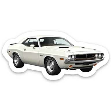 All-white 1971 Dodge Challenger, three-quarter view at 30-degree angle, showing partial front and side, minimalist iOS emoji style, no stripes or decorations, pure white sticker
