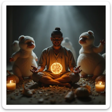 hyperrealistic 4K image of a man meditating before eating, food glowing with nutritional data, gut microbiome characters in the background, Zen aesthetics, reference image for likeness sticker