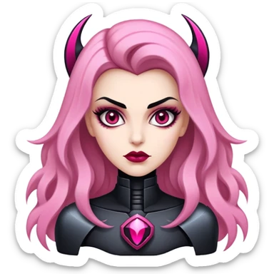 vampira de cabelo loiro escuro com mecha rosa no lado esquerdo cabelo no ombro franja abaixo da sobrancelha olhos pretos pele palida sticker