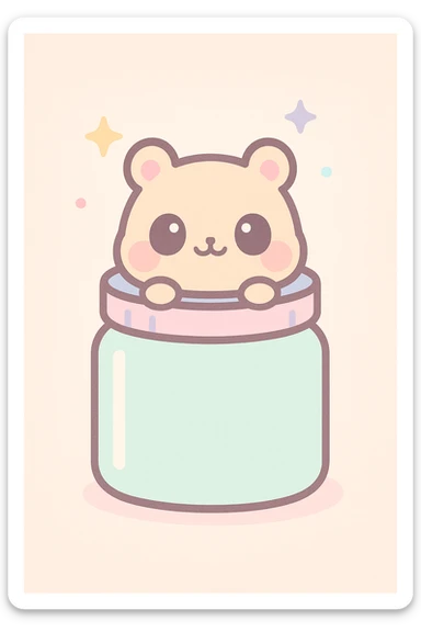 a small animal peeking out of a jar, playful style, kawaii, bright colors, joyful expression sticker