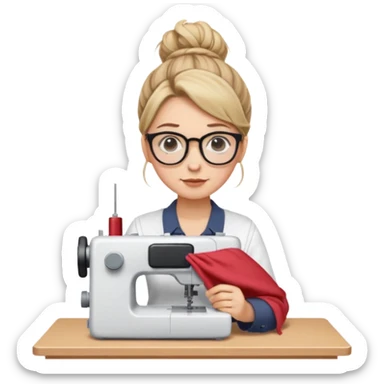 Woman with glasses in white shirt meme with messy bun using a sewing machine  sticker
