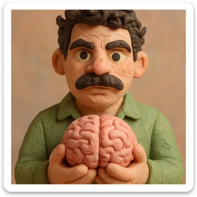 Make the claymation man holding a brain look more like the person in the reference photos: dark curly hair, thick mustache, light skin, similar facial features, claymation style with visible fingerprints and pastel colors. sticker