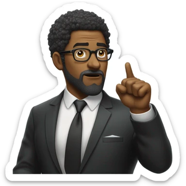 Muscular Black politician with afro and goatee busting out his suit with glasses giving oration with right index finger in the air and a stern countenance. sticker