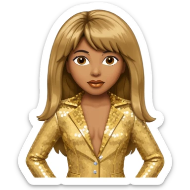 Tina Turner with long brown straight hair, gold sequin outfit sticker