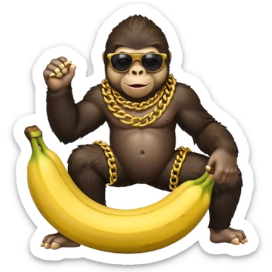 A realistic gorilla with cool shades and a gold chain riding a banana  sticker