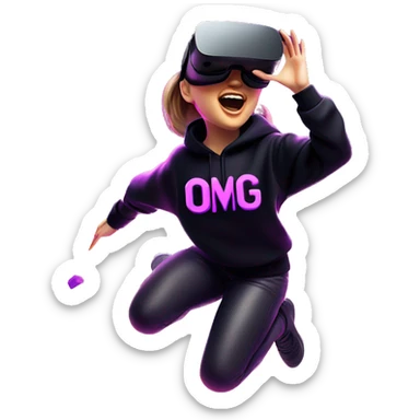 Russian girl wearing black hoody with violet letters "OMG", in vr headset oculus quest2. jumping. Cyberpunk style. Violet neon. sticker