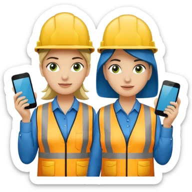 Um homem e uma mulher amarelos com capacete de obras ambos azul escuro e camisa social cinza com faixas refletivas verdes nos braços, Um deles deve estar segurando um megafone de avisos sticker