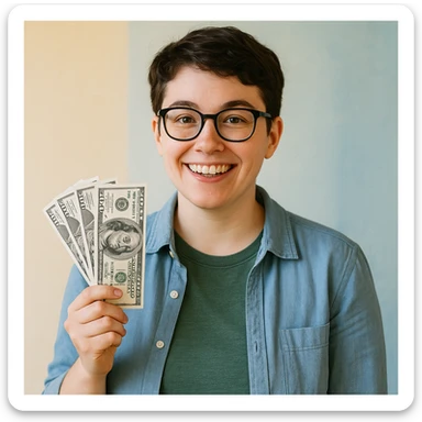 A nerd agender person with a friendly smile, holding money in one hand. Distinctive nerdy features like glasses, androgynous appearance, casual clothing, cheerful expression. sticker